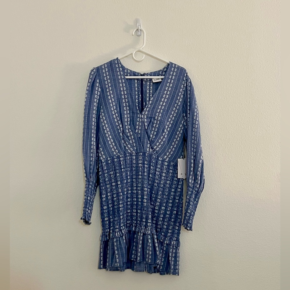 NWT LINI Holly Smocked Ruffled Dress Blue White - 100% Bloomingdale’s Exclusive